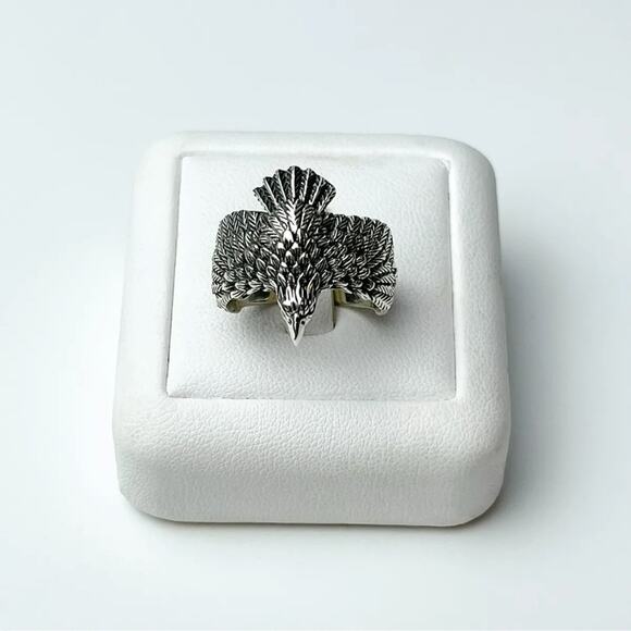 Solid Sterling Silver Eagle feather ring chunky wide boho biker sz 9, 10 and 12 - Picture 6 of 8